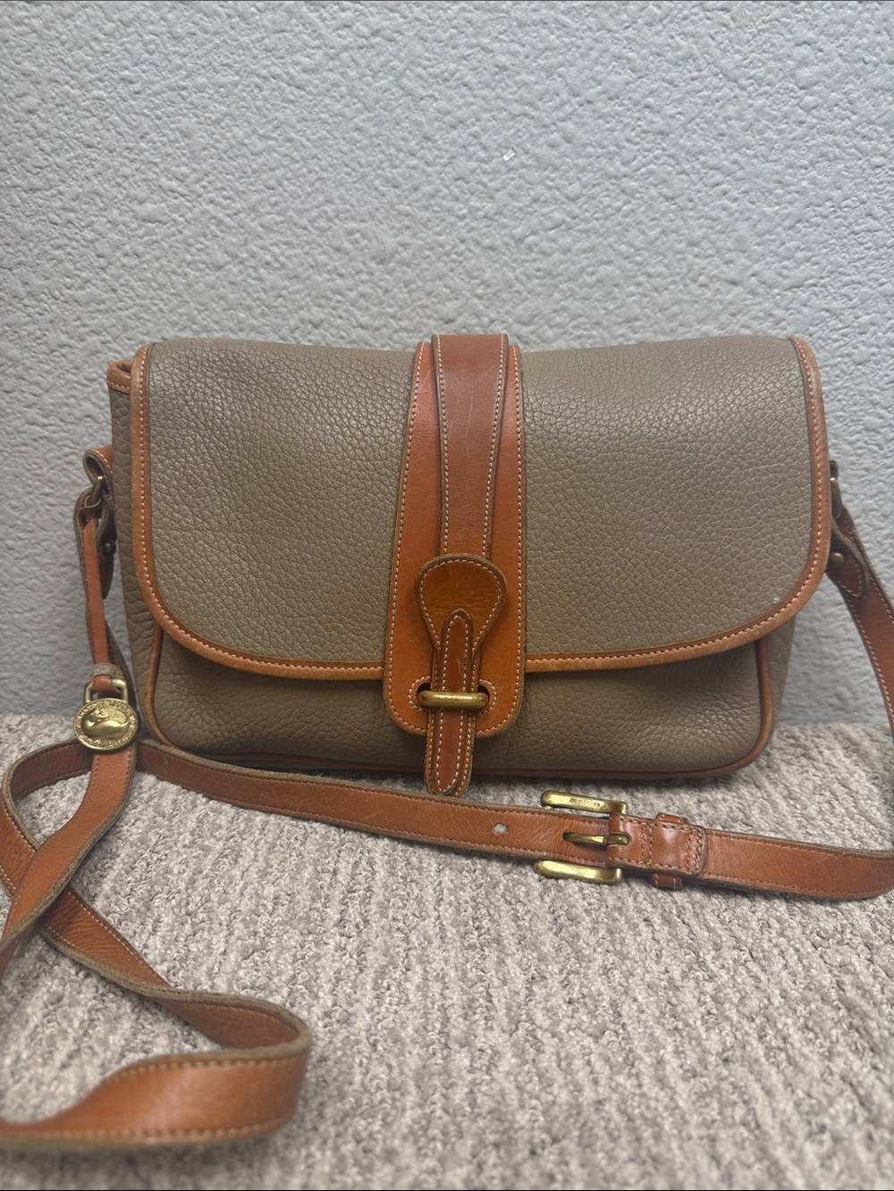 Vintage Dooney & Bourke Tan Pebbled Leather Flap Crossbody Bag